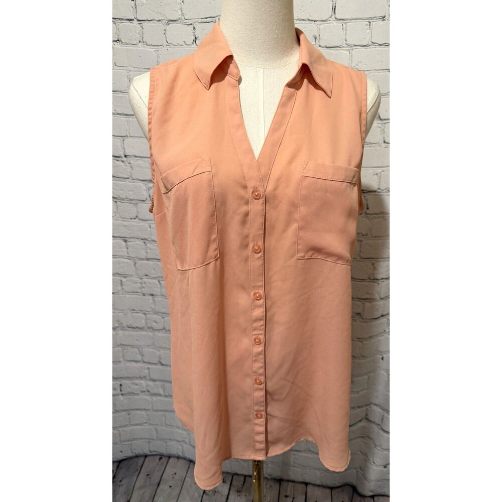 Express Women Solid Peach Sleeveless Button-Front Collared Blouse Size L